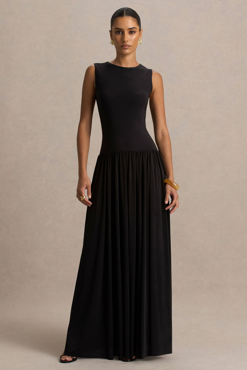 Rosalita | Vestido largo negro de cuello redondo con cintura caída