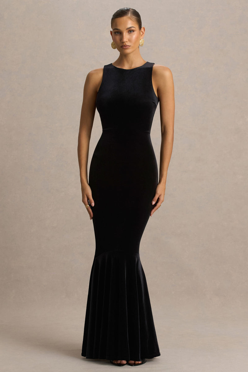 Pippa | Vestido largo de terciopelo negro con cuello redondo y corte sirena