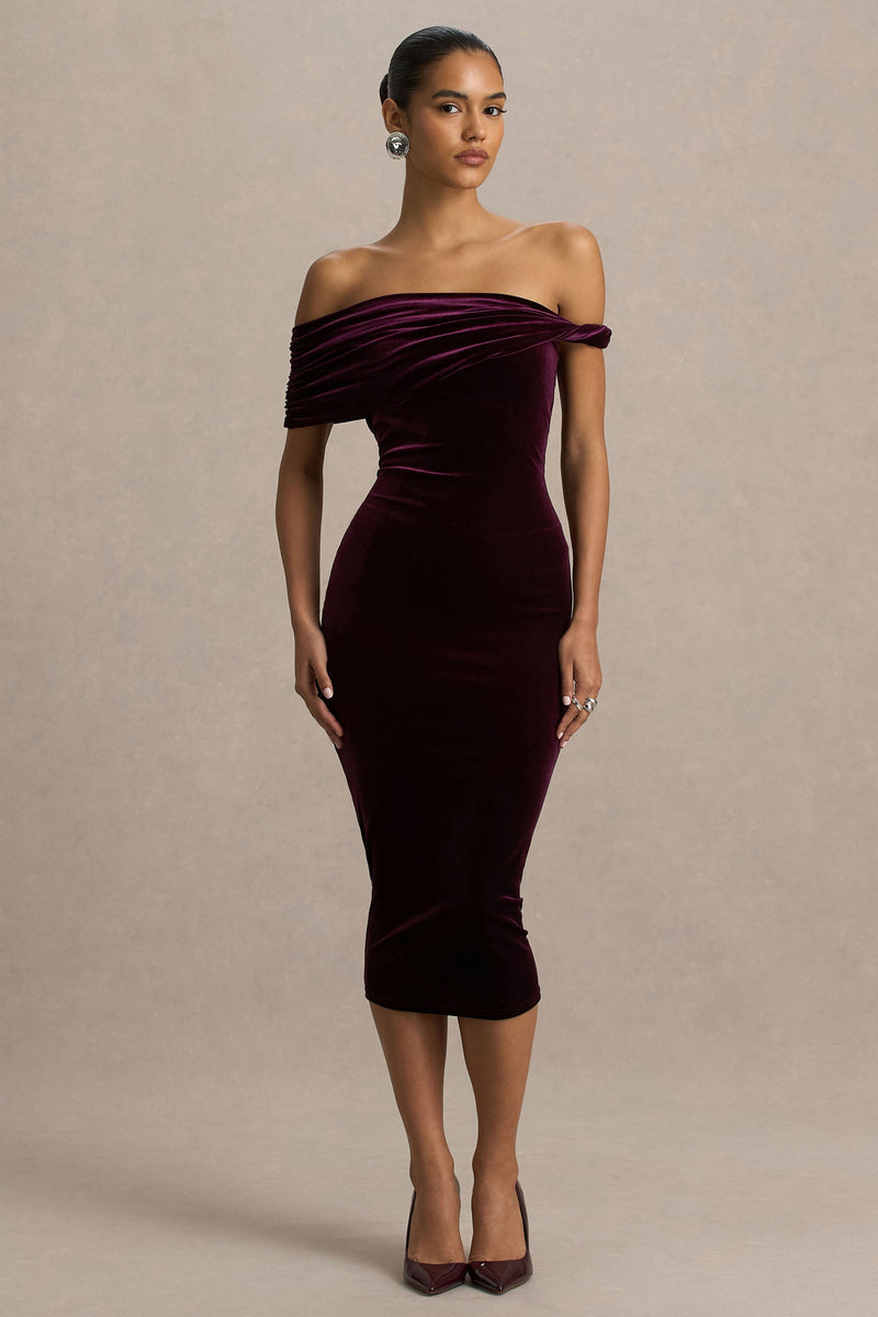 Billie | Vestido midi de terciopelo burdeos con escote Bardot y mangas retorcidas