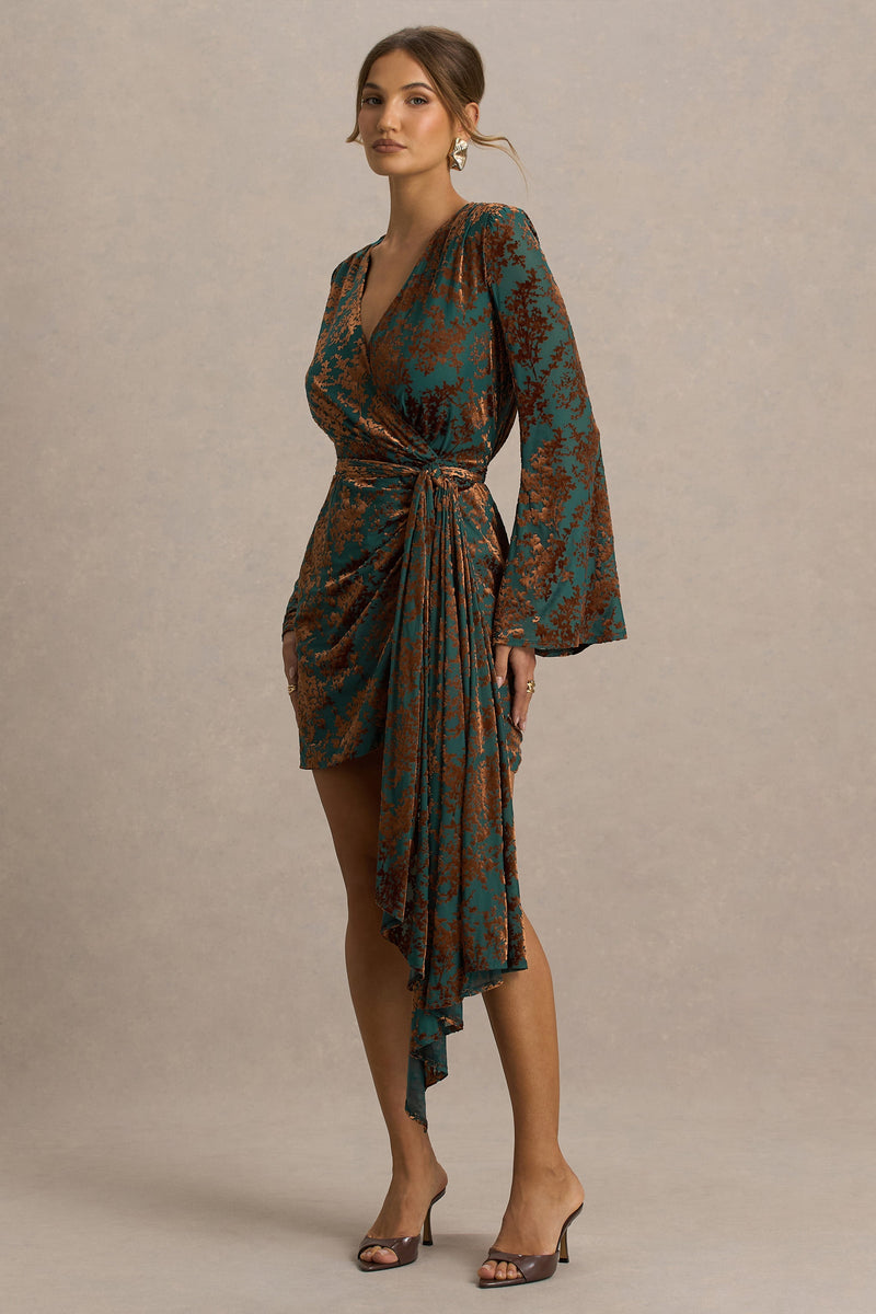 Dimitra | Vestido mini cruzado de terciopelo devoré verde oscuro y marrón con escote pronunciado
