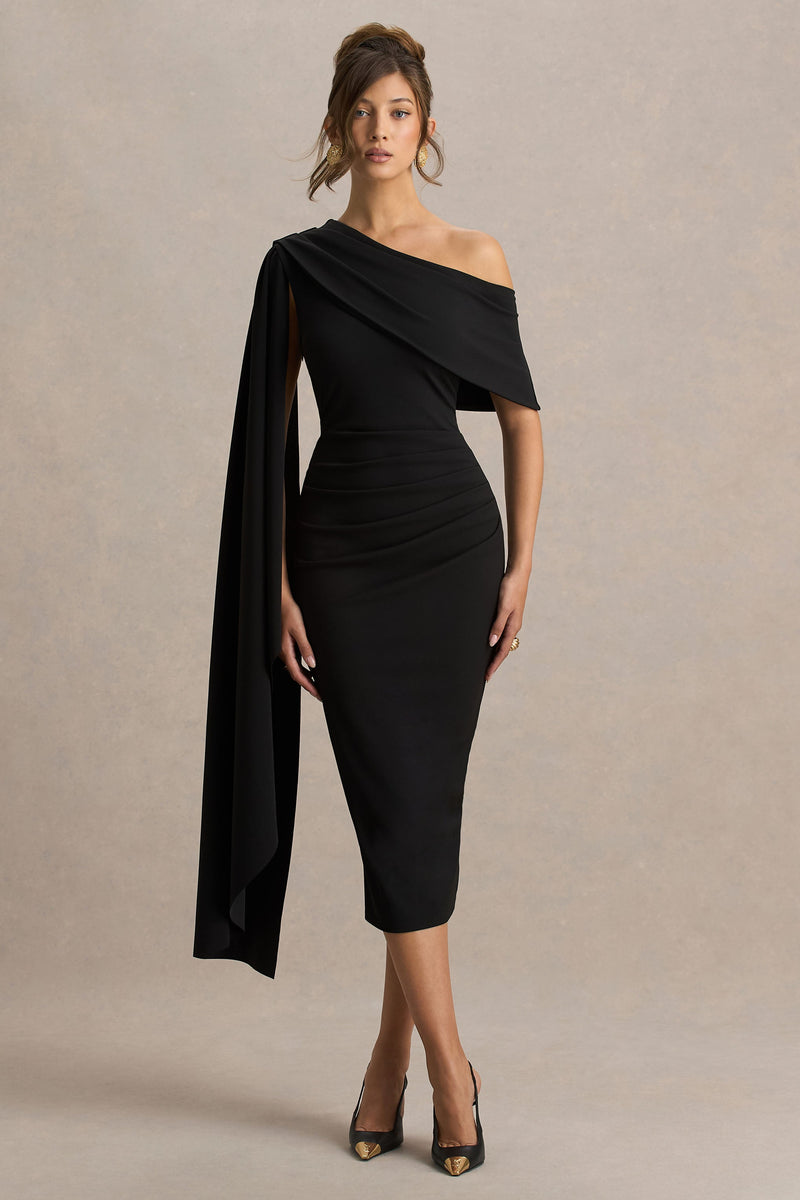 Leah | Vestido midi negro de escote asimétrico con mangas tipo capa