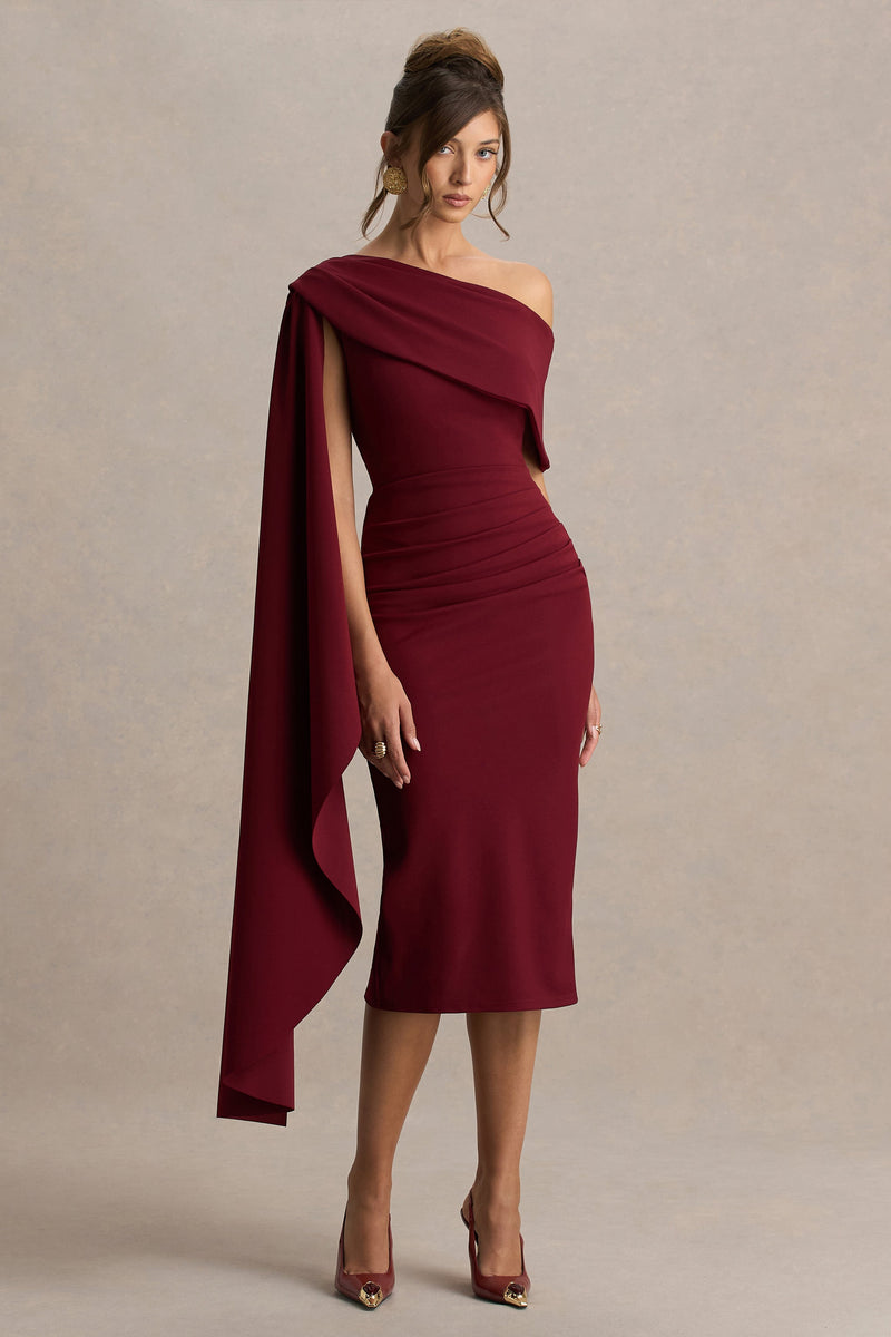 Leah | Vestido midi burdeos con escote asimétrico y mangas tipo capa