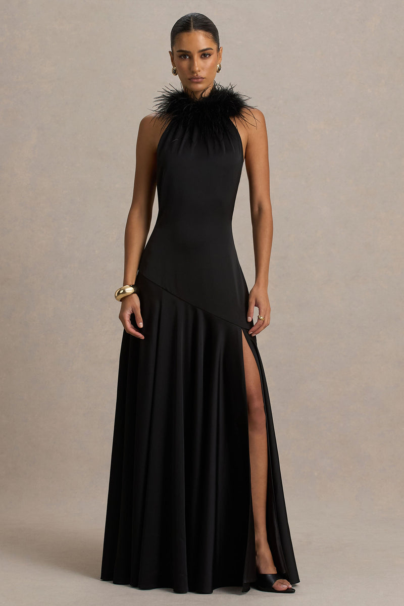 Jemima | Vestido largo de satén negro con escote halter y ribete de plumas