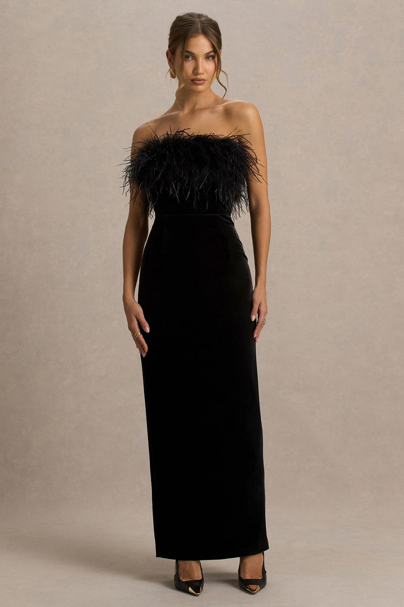 Arella | Vestido largo negro de terciopelo tipo bandeau con ribete de plumas