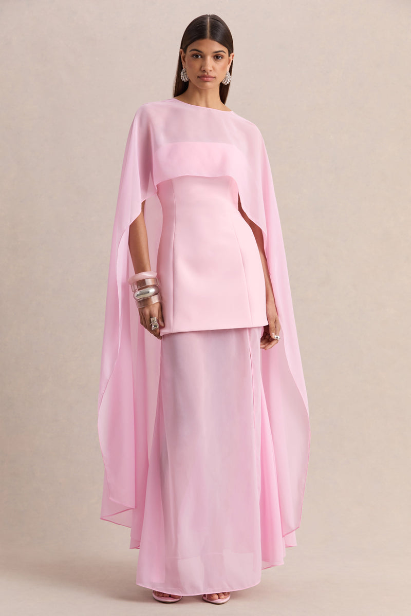 Chessa | Vestido largo rosa claro con escote barco y capa transparente