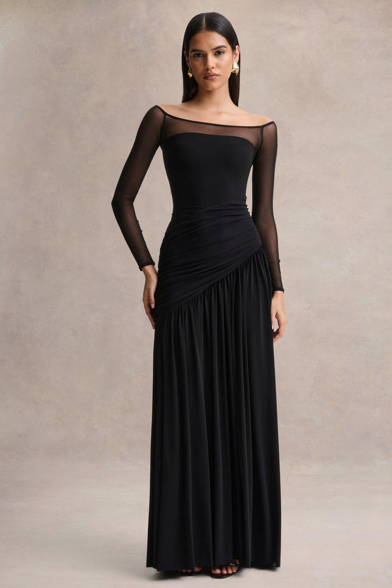 Bexley | Vestido maxi negro drapeado con escote Bardot y mangas largas de malla