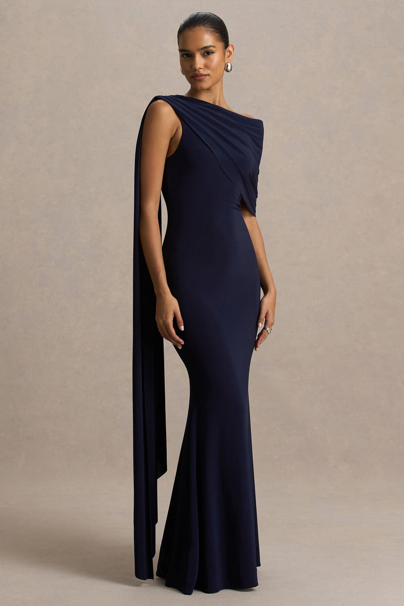 Tiana | Vestido largo azul marino con escote asimétrico y detalle drapeado