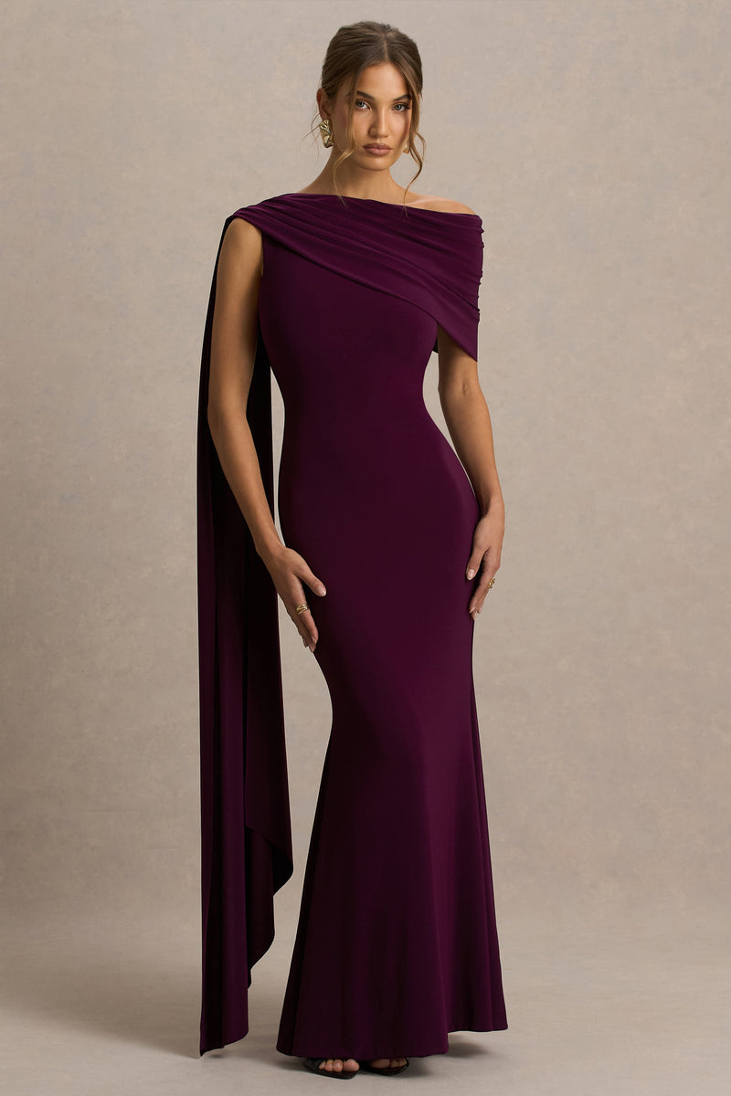Tiana | Vestido largo color ciruela oscuro con escote asimétrico y detalle drapeado