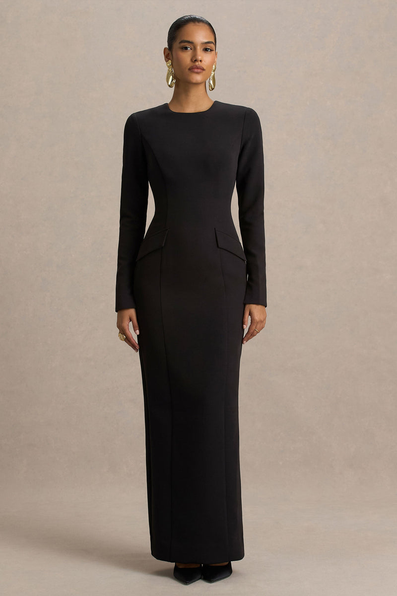 Vaila | Vestido largo negro de cuello redondo
