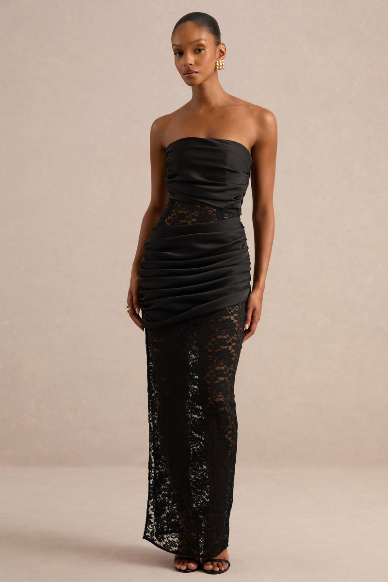 Dulcie | Vestido midaxi bandeau negro de encaje y satén con detalles envolventes