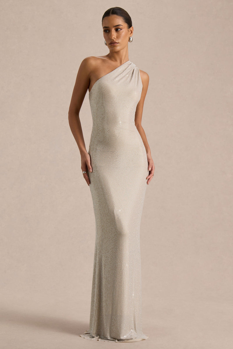 Deity | Vestido largo plateado con pedrería termoadhesiva, cuello asimétrico y espalda abierta