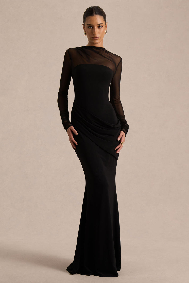 Deema | Vestido maxi negro de jersey y malla con cuello alto