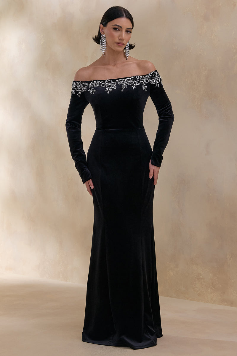Fern | Vestido largo de terciopelo negro con adornos y escote Bardot