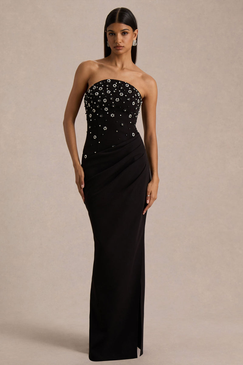 Saphira | Vestido maxi negro con escote bandeau y adornos hechos a mano