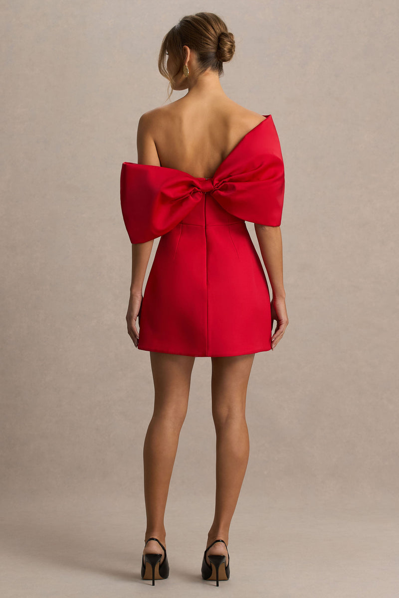 Tindra | Vestido mini rojo con escote bandeau y mangas de lazo