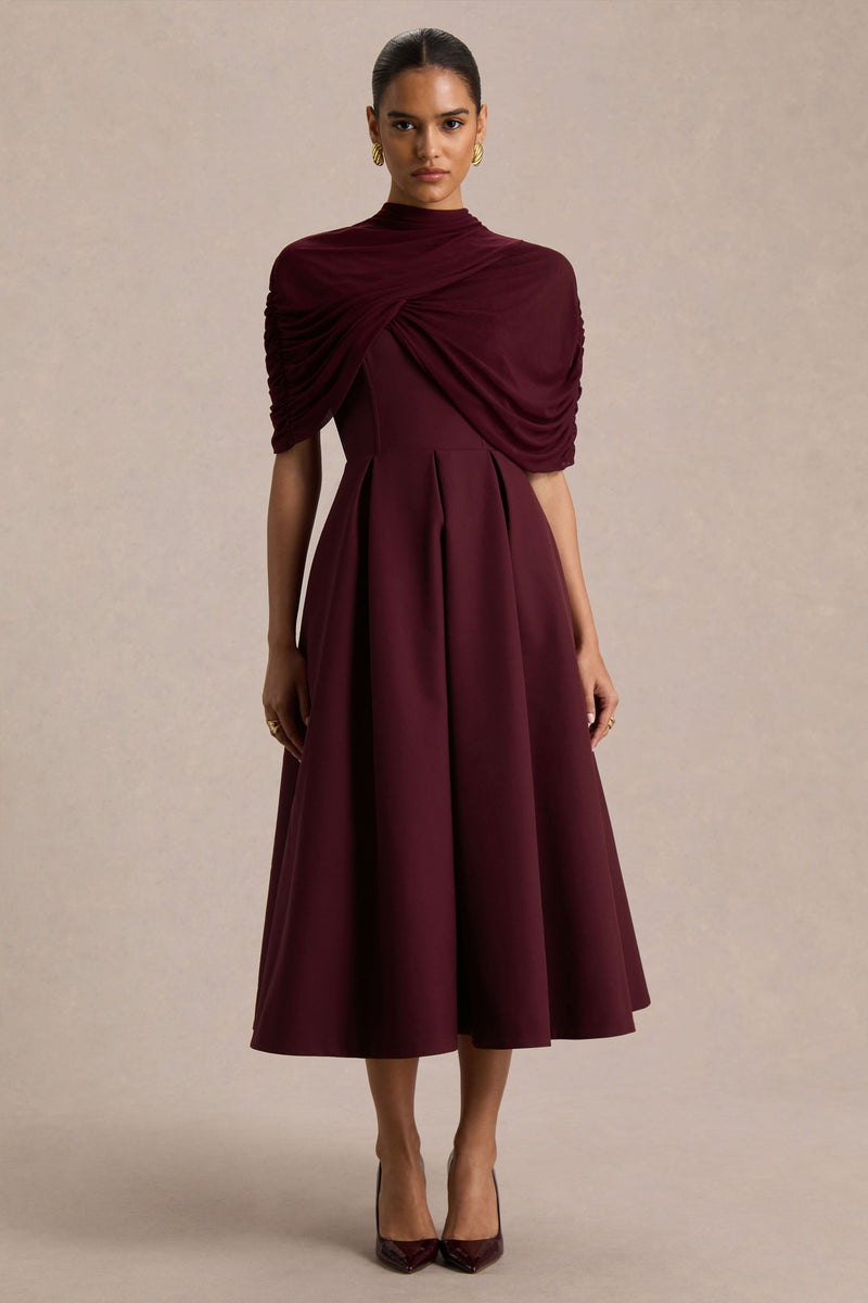 Thalia | Vestido midi burdeos de cuello alto con capa de malla semitransparente