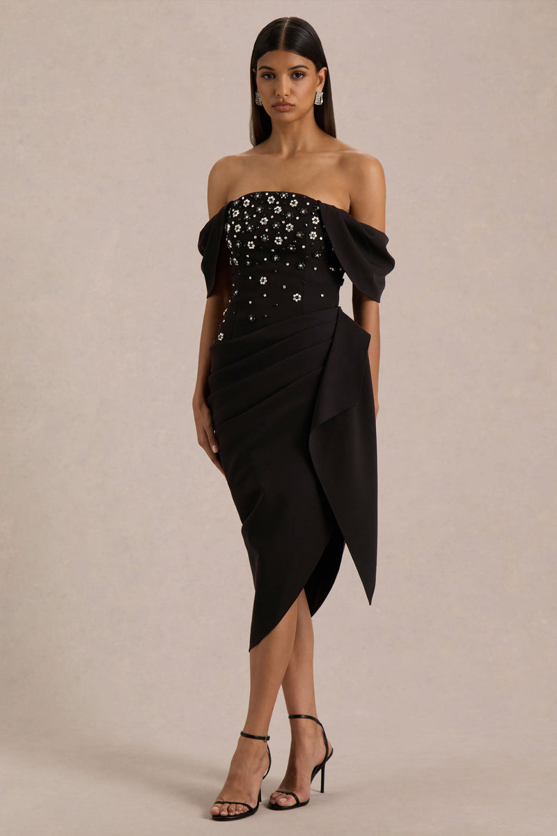Sylvia | Vestido midi negro con escote Bardot, adornos hechos a mano y falda drapeada de satén cruzada