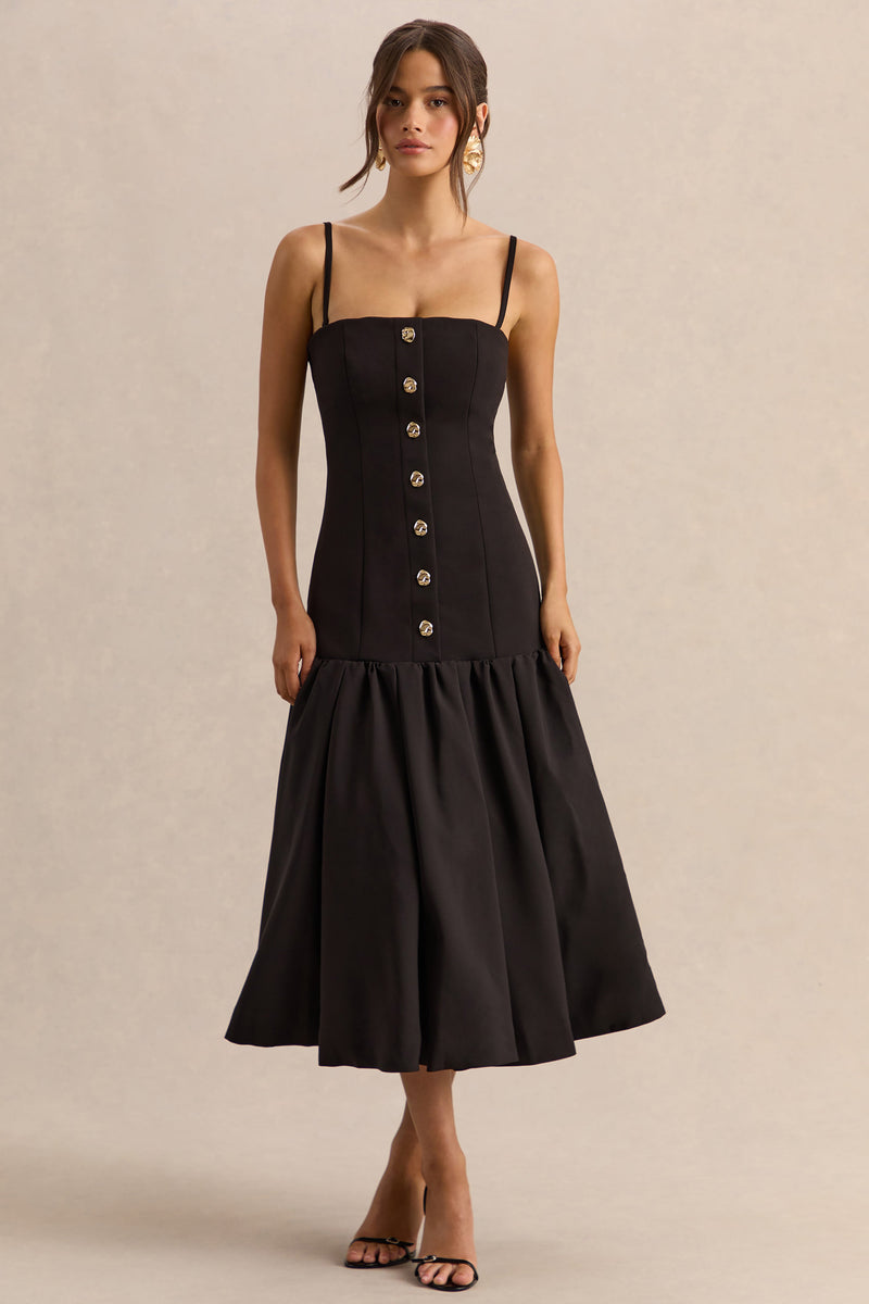 Briella | Vestido midi negro tipo bandeau con detalles de botones dorados