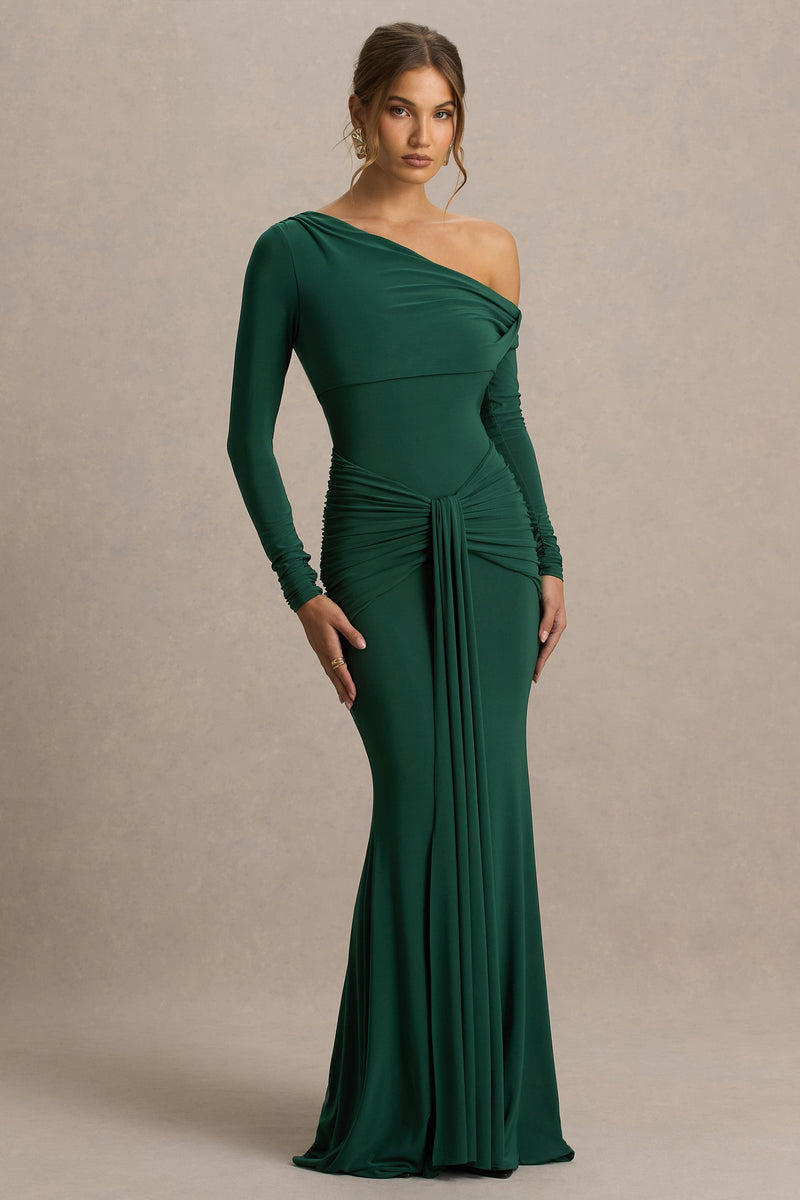 Clover | Vestido largo verde oscuro cruzado, con escote asimétrico y fajín