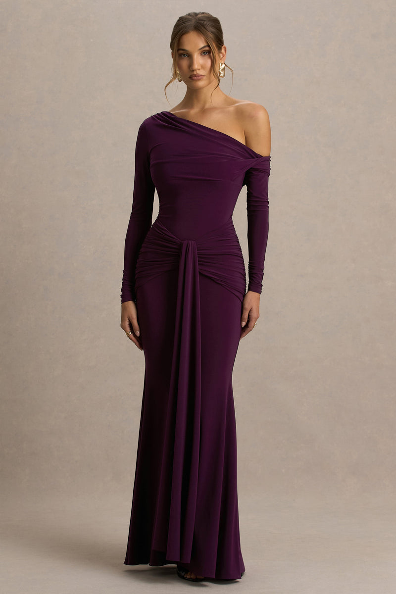Clover | Vestido maxi burdeos de cuello asimétrico cruzado con fajín