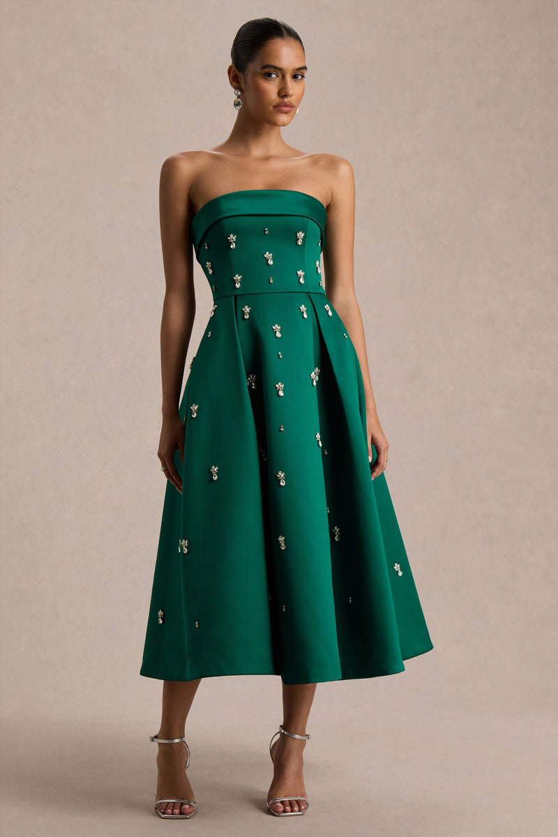 Sylvette | Vestido midi skater de satén verde oscuro con adornos y escote palabra de honor