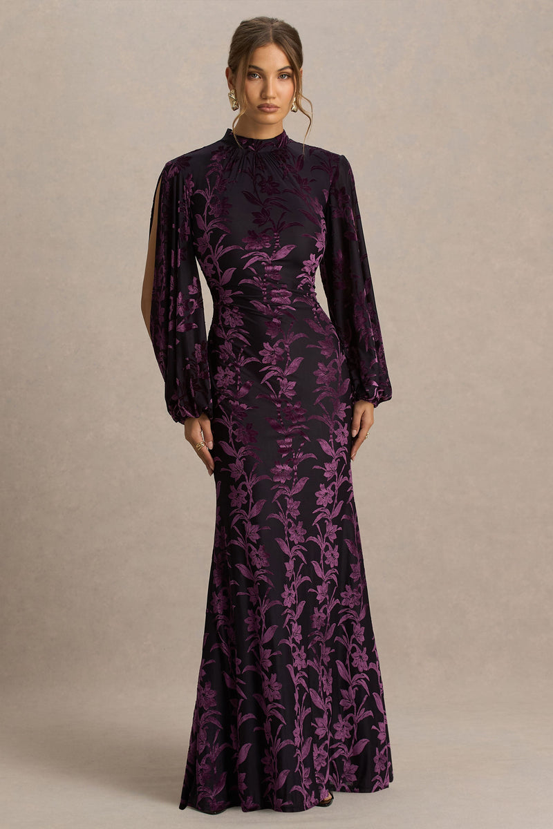 Janet | Vestido largo de devoré negro y morado con cuello alto y detalles de aberturas