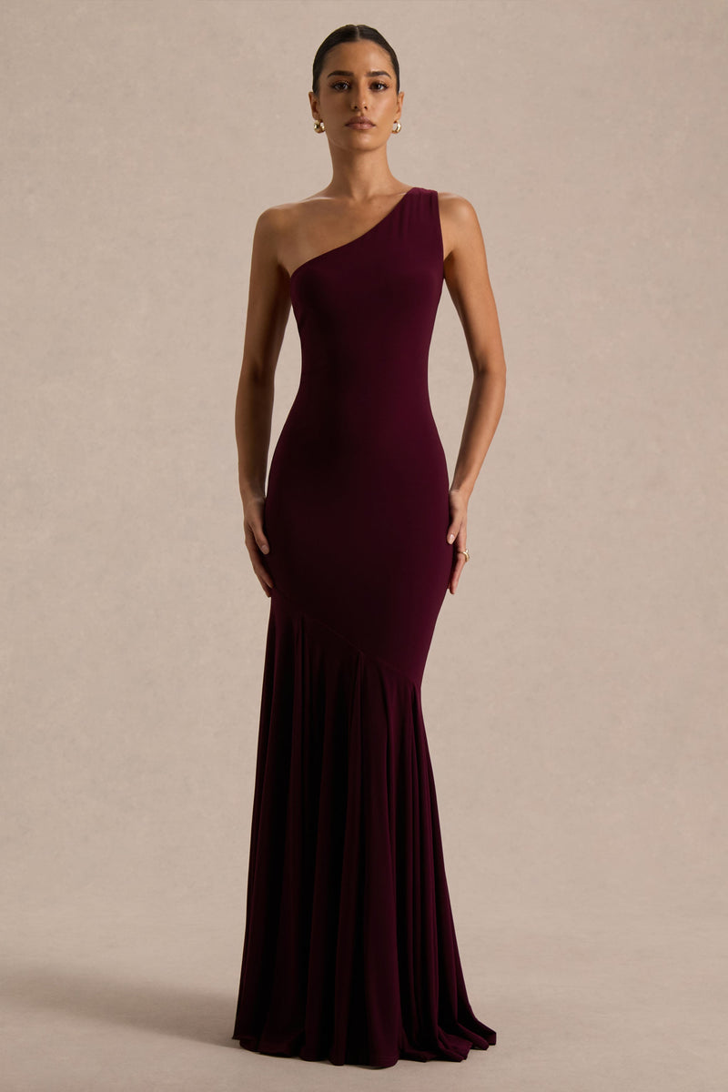 Zya | Vestido largo color ciruela oscuro con escote asimétrico y corte sirena