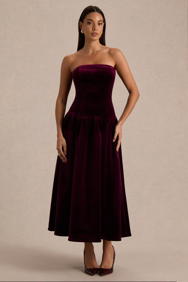 Violetta | Vestido midi de terciopelo burdeos tipo bandeau con cintura baja y falda fruncida