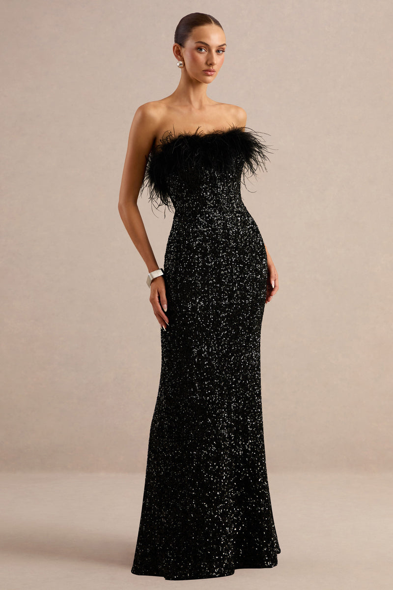 Daze | Vestido maxi negro de lentejuelas, palabra de honor, con ribete de plumas