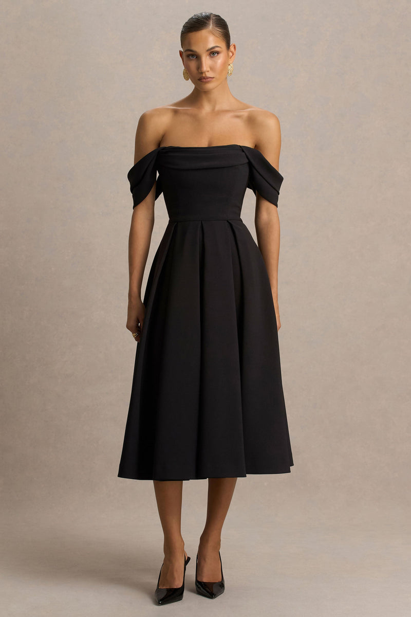 Cosima | Vestido midi negro con escote Bardot