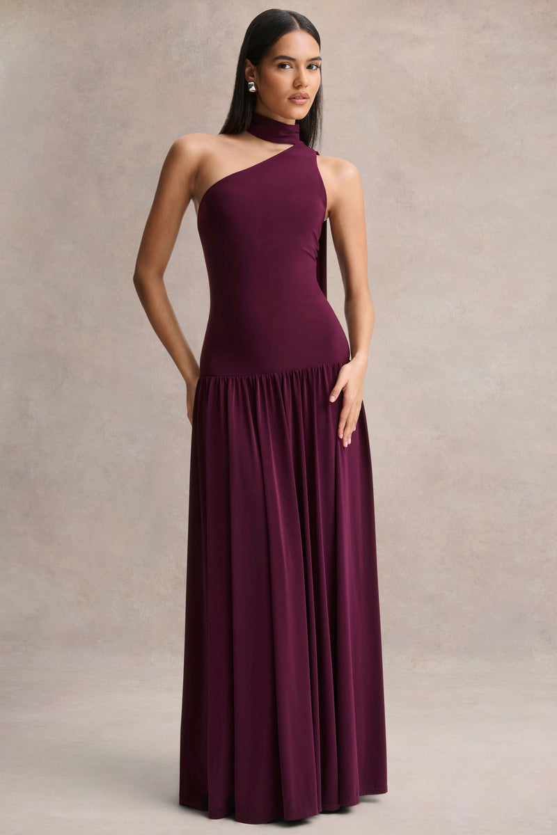 Freesia | Vestido maxi color ciruela con escote asimétrico y detalle de pañuelo