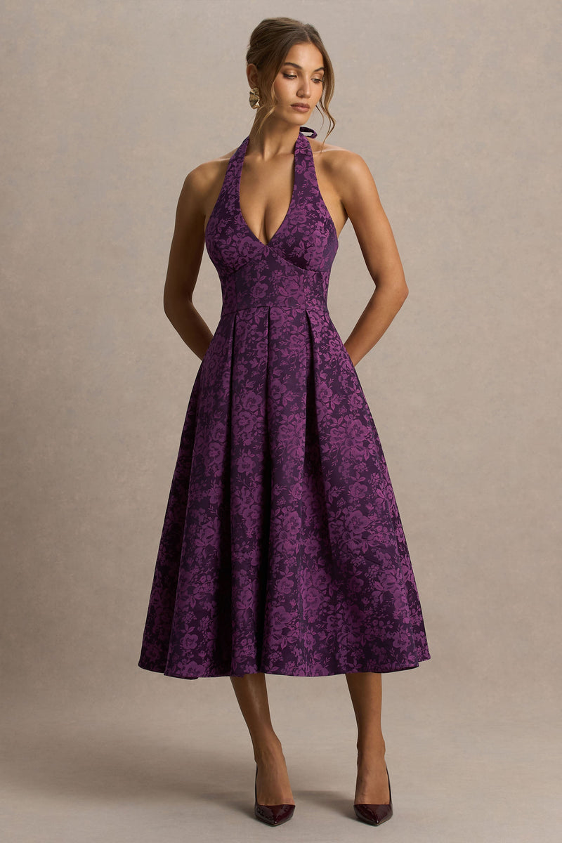 Isabeau | Vestido midi de satén morado con escote pronunciado