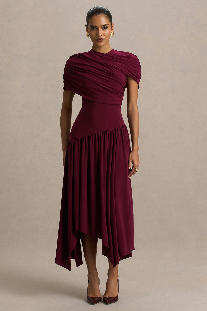 Ione | Vestido midi cruzado burdeos con bajo pañuelo