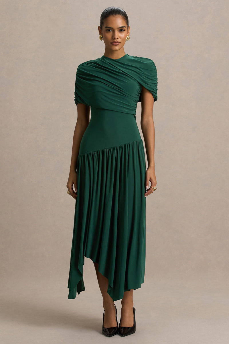 Ione | Vestido midi cruzado verde azulado con bajo pañuelo