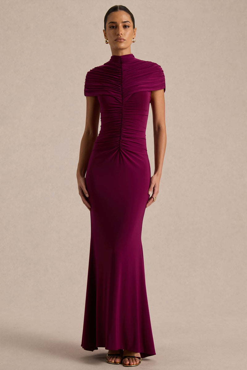 Azaria | Vestido largo burdeos de cuello alto con detalles fruncidos