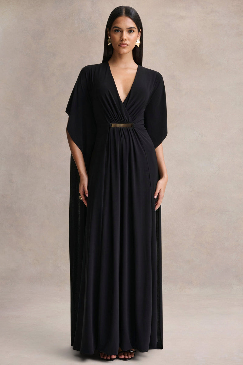 Romilly | Vestido largo negro con escote pronunciado y detalle fruncido