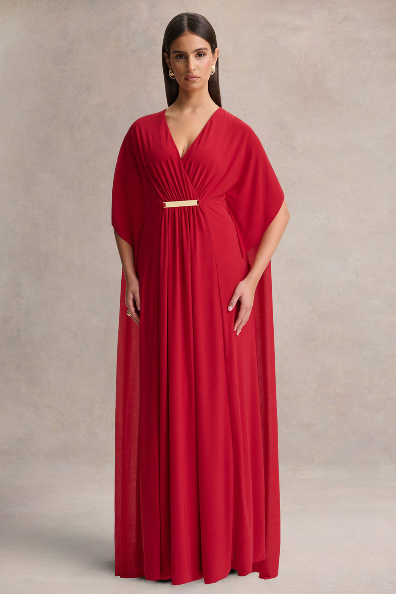 Romilly | Vestido largo rojo con escote pronunciado y detalle fruncido
