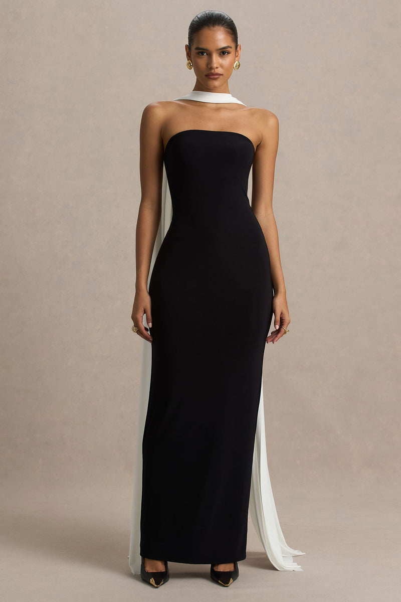 Kelilah | Vestido largo bandeau en blanco y negro con detalle de pañuelo