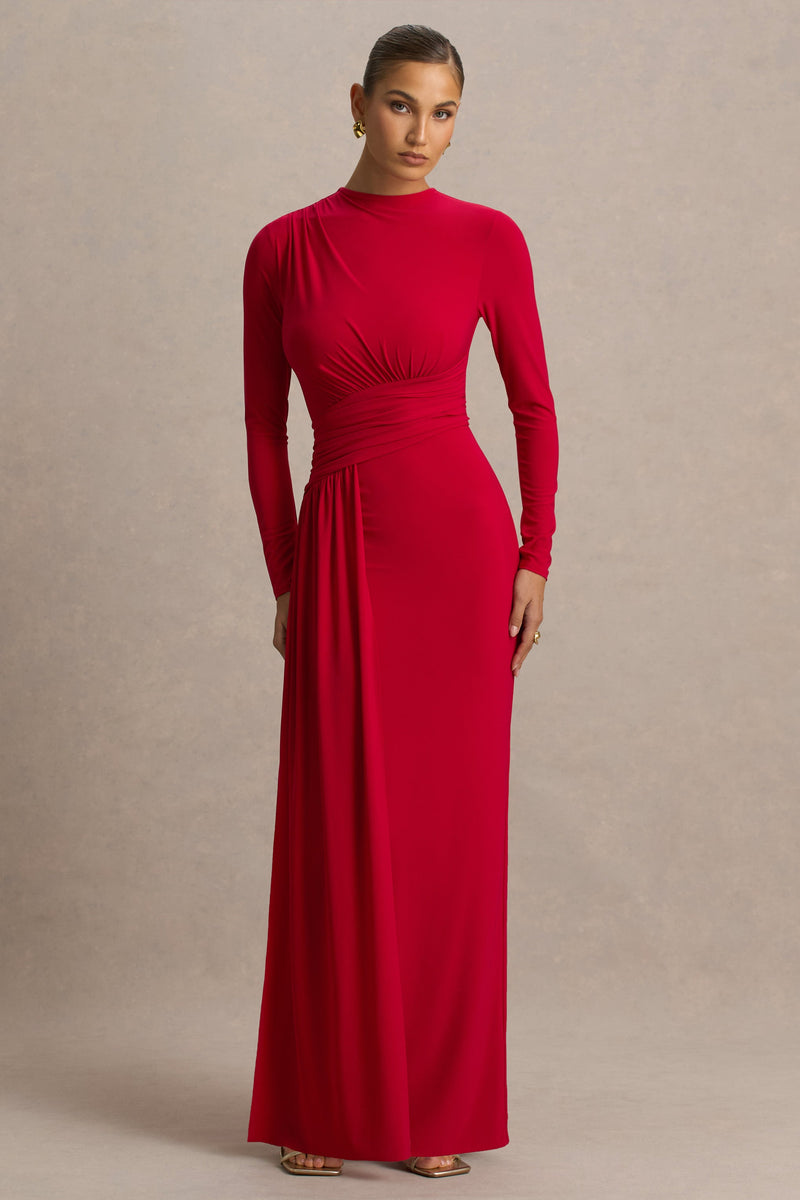 Virelle | Vestido largo rojo con escote barco, detalle envolvente y fajín