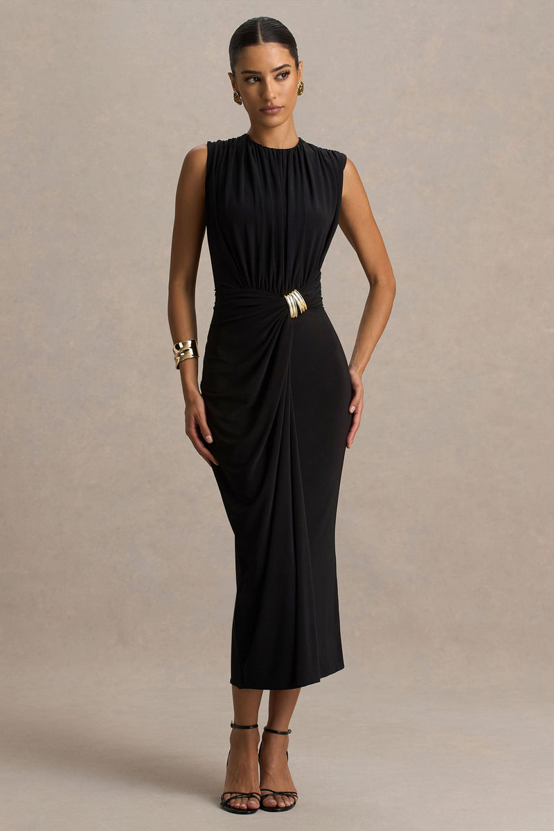 Harlow | Vestido midi negro cruzado de cuello redondo
