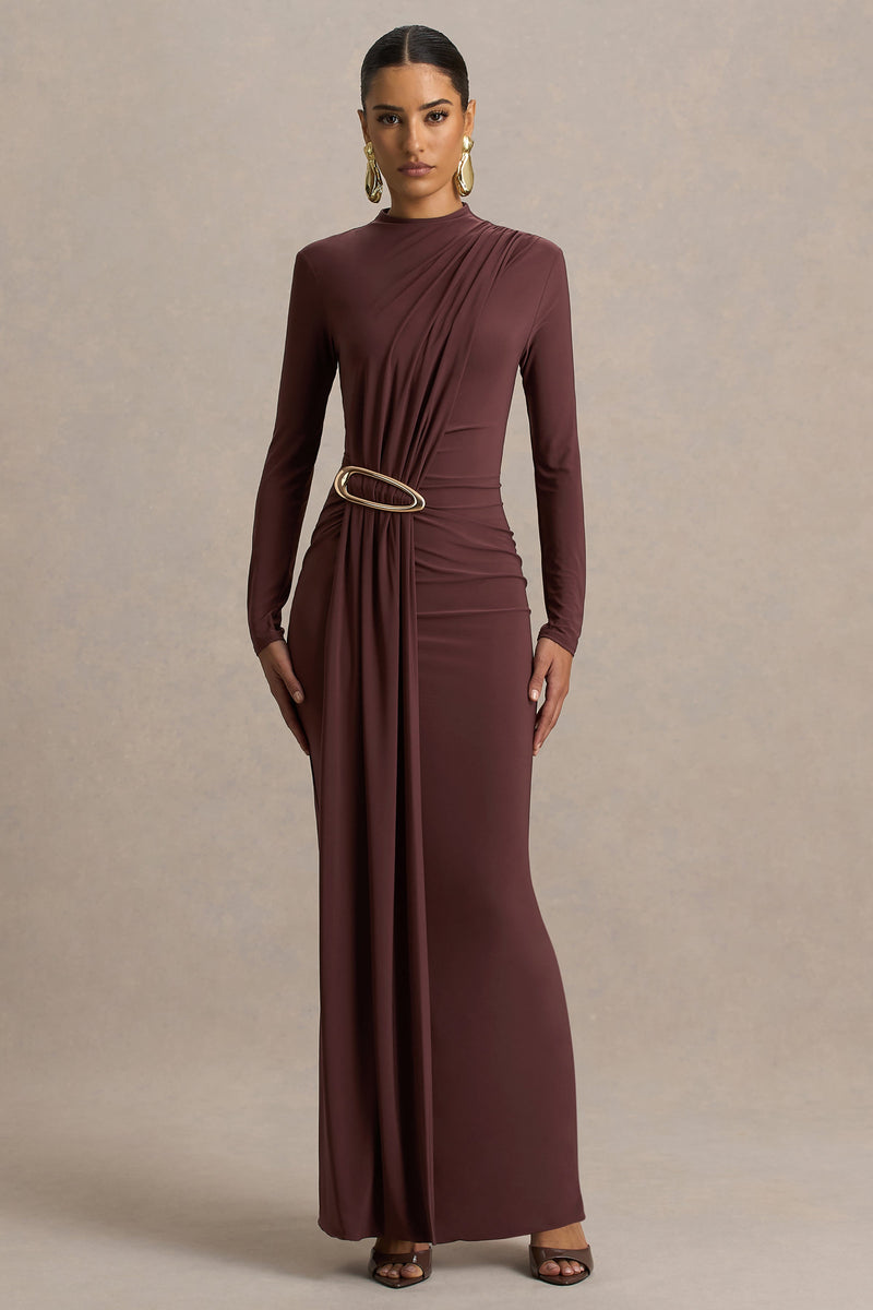 Zadie | Vestido maxi marrón de cuello alto con detalle fruncido