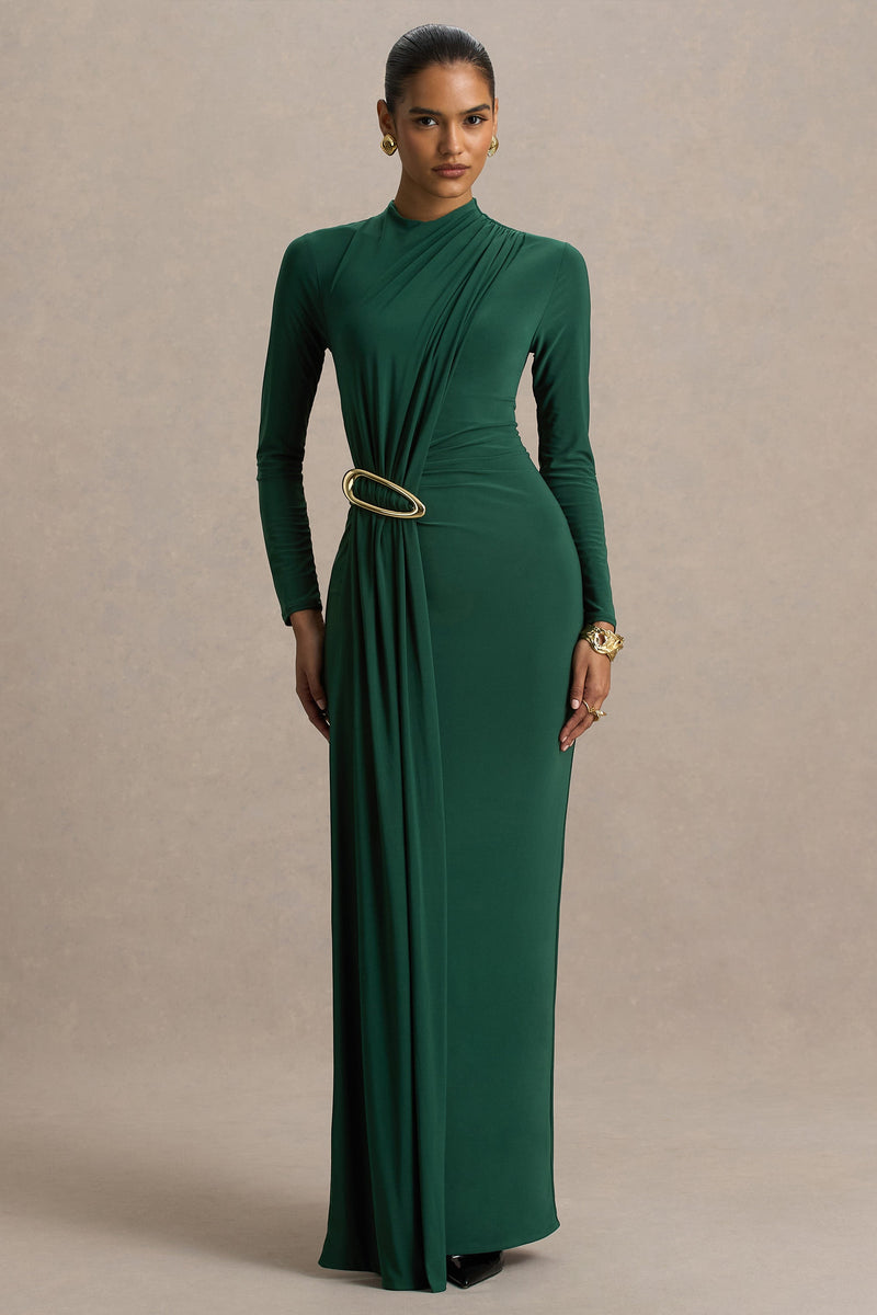Zadie | Vestido largo verde azulado de cuello alto con detalle fruncido
