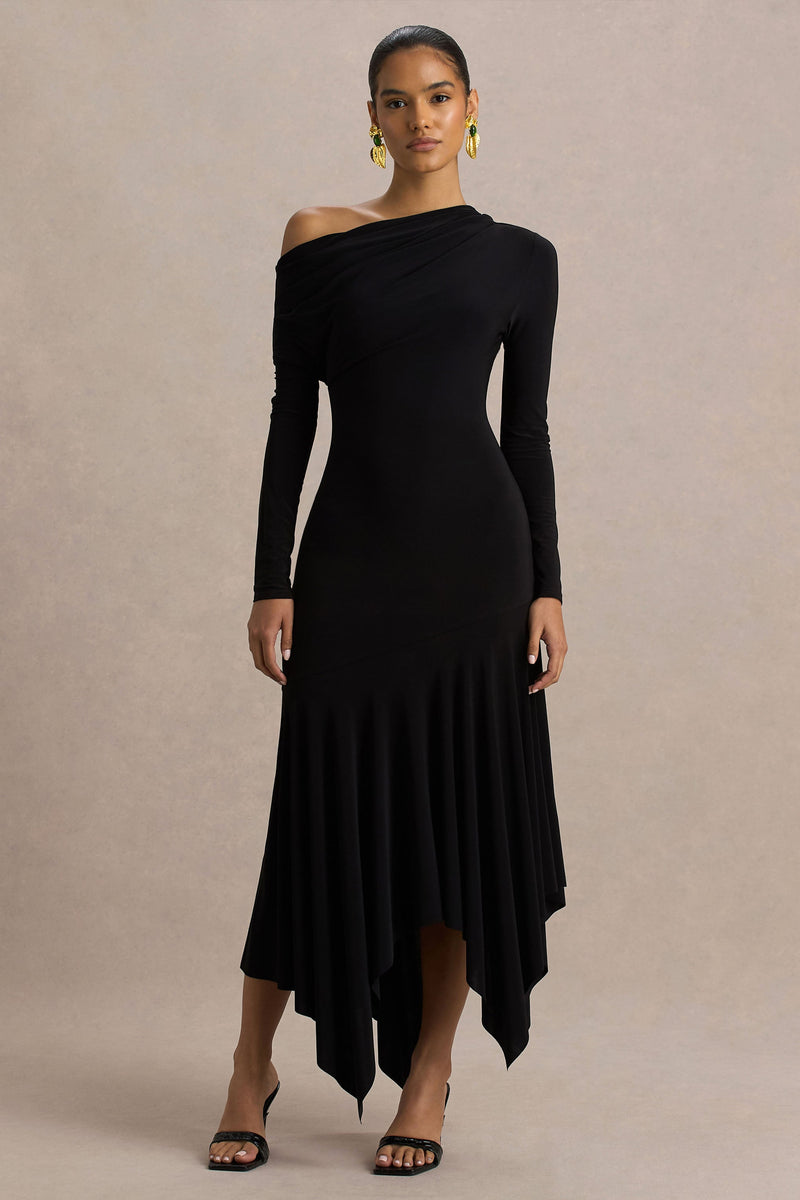 Isola | Vestido midi negro de cuello asimétrico y bajo pañuelo
