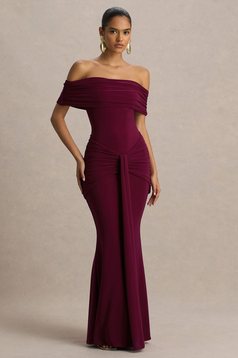 Envisioned | Vestido maxi burdeos de escote Bardot con detalles fruncidos y drapeados