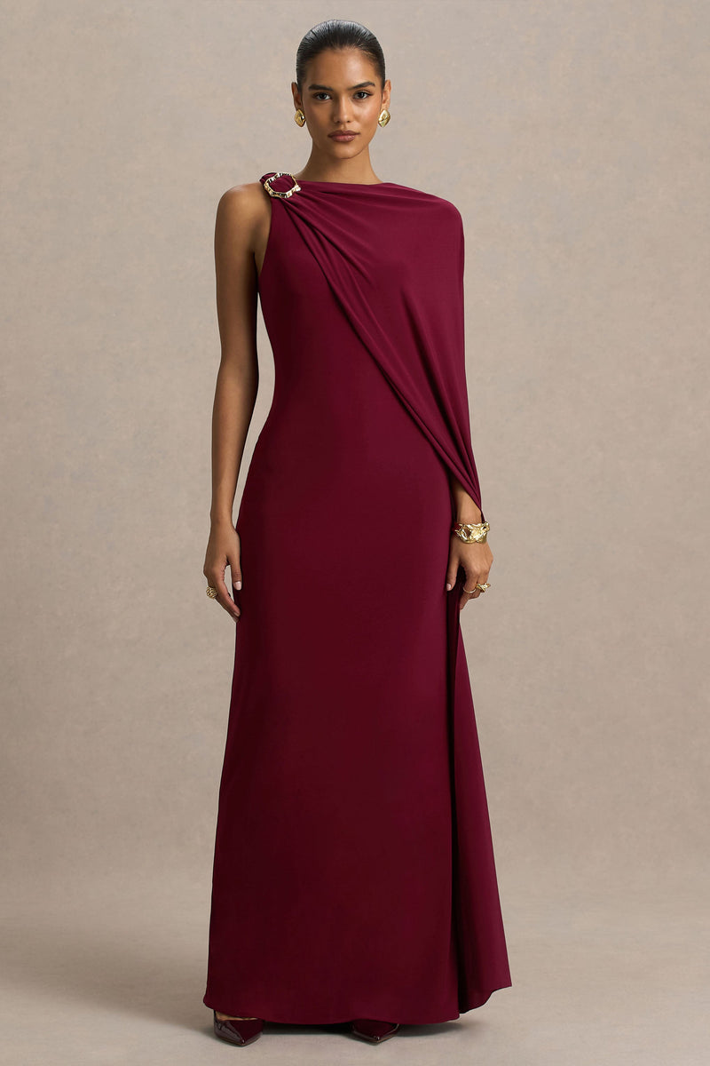 Cressida | Vestido maxi burdeos de cuello asimétrico con capa y detalle dorado