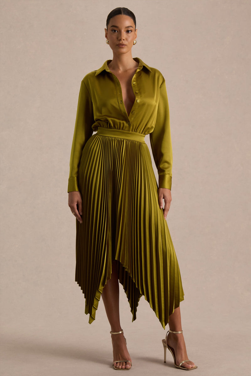 Naxos | Vestido camisero largo de satén color oliva con falda plisada
