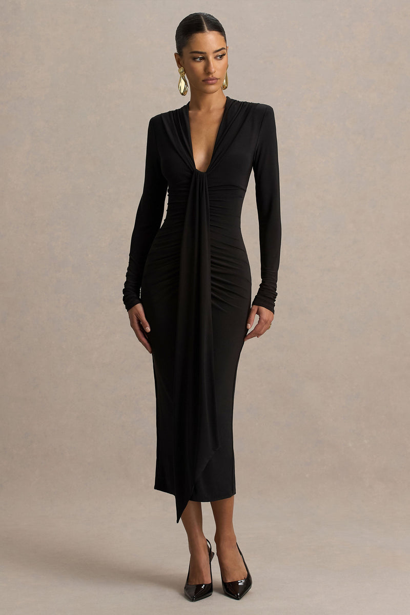 Ivara | Vestido midi negro con escote pronunciado, detalles fruncidos y fajín