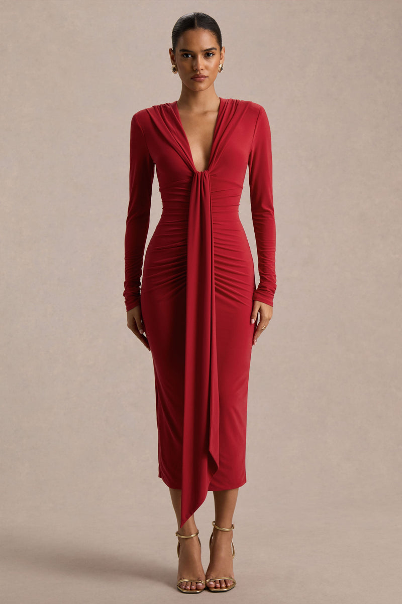 Ivara | Vestido largo rojo con escote pronunciado, detalles fruncidos y cinturón de lazo