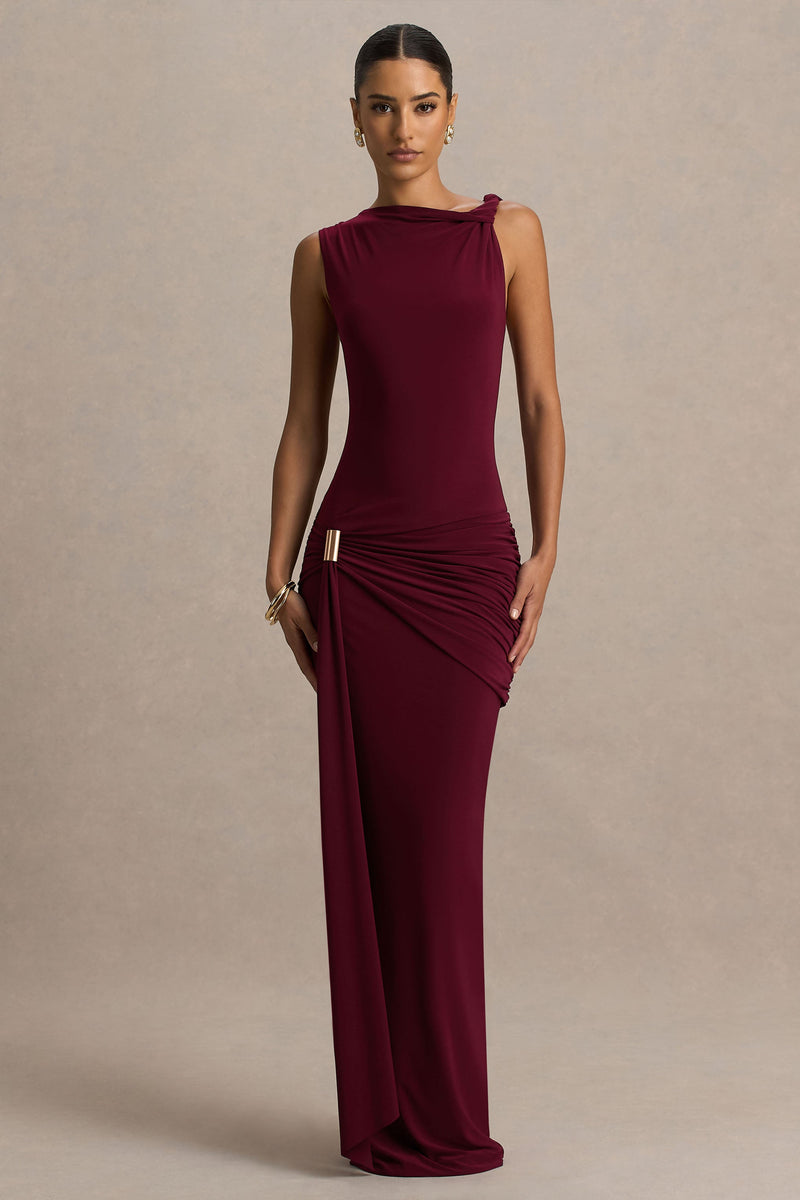 Decadence | Vestido maxi burdeos cruzado de cuello alto con mangas retorcidas