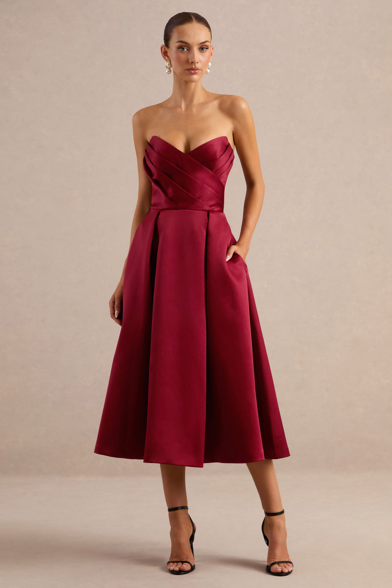 Promises | Vestido midi de satén rojo con escote palabra de honor